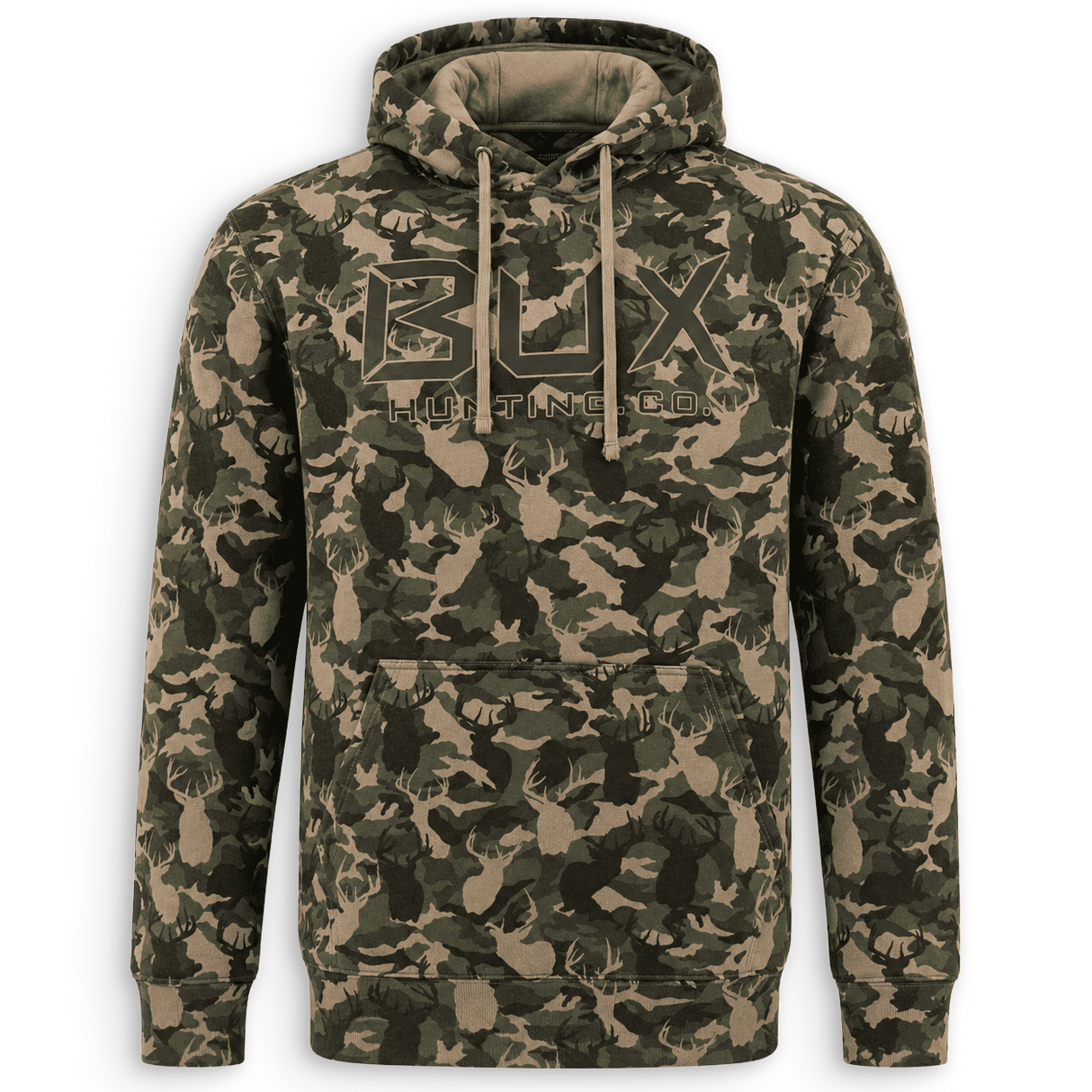 Front of camo BUX thermal sweatshirt 