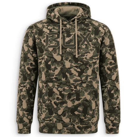 Front of camo BUX thermal sweatshirt 
