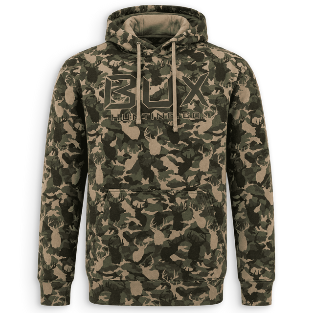 Front of camo BUX thermal sweatshirt 