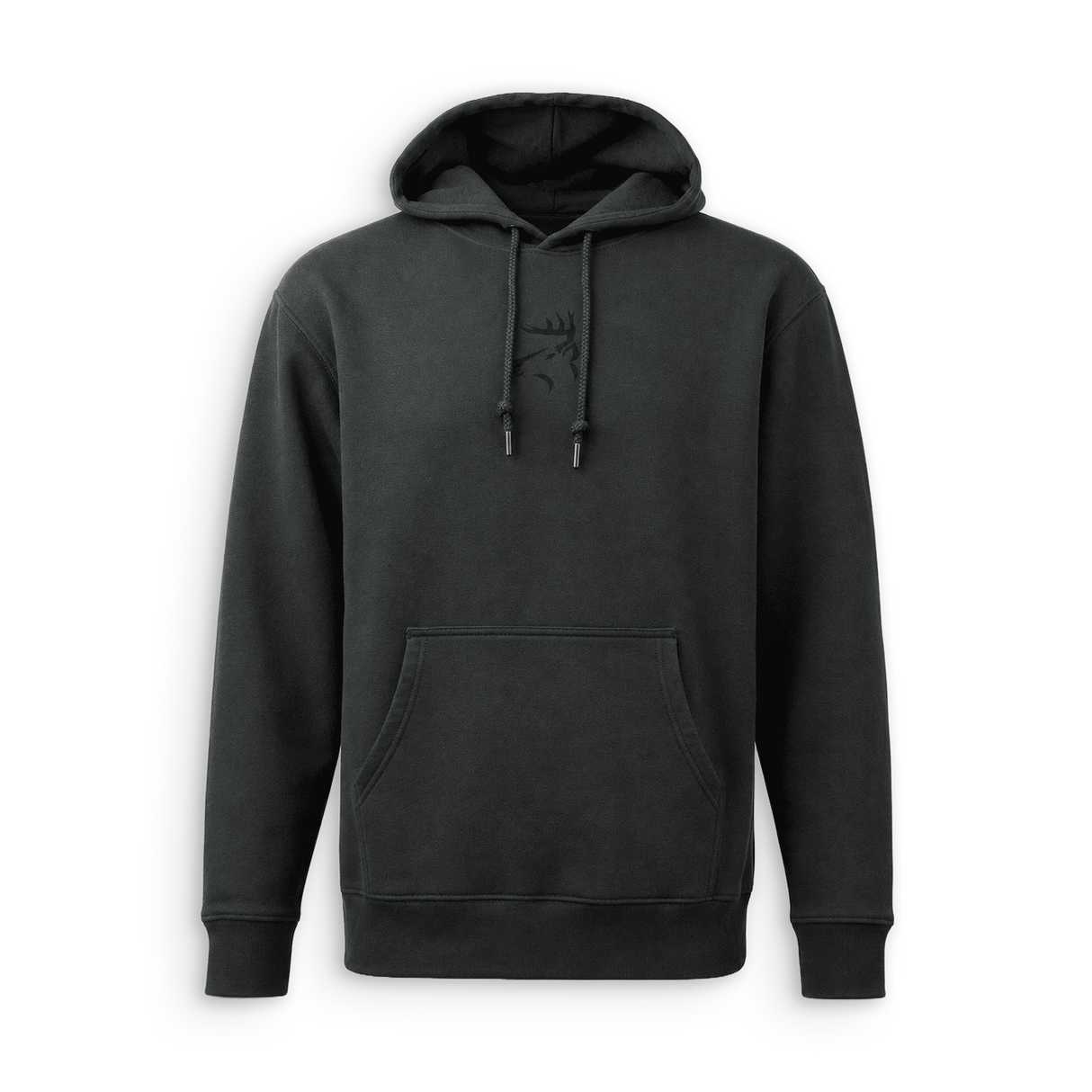 A dark charcoal gray pullover hoodie with a kangaroo pocket and drawstrings, featuring a subtle tonal embroidered logo on the chest, displayed against a plain white background.