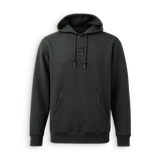 A dark charcoal gray pullover hoodie with a kangaroo pocket and drawstrings, featuring a subtle tonal embroidered logo on the chest, displayed against a plain white background.