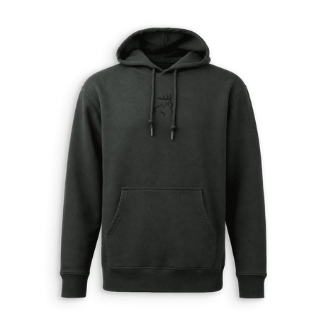 A dark charcoal gray pullover hoodie with a kangaroo pocket and drawstrings, featuring a subtle tonal embroidered logo on the chest, displayed against a plain white background.