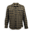 A long-sleeve button-up flannel shirt with a dark green and black buffalo plaid pattern, featuring two buttoned chest pockets and a collar label that reads 'BUX'.