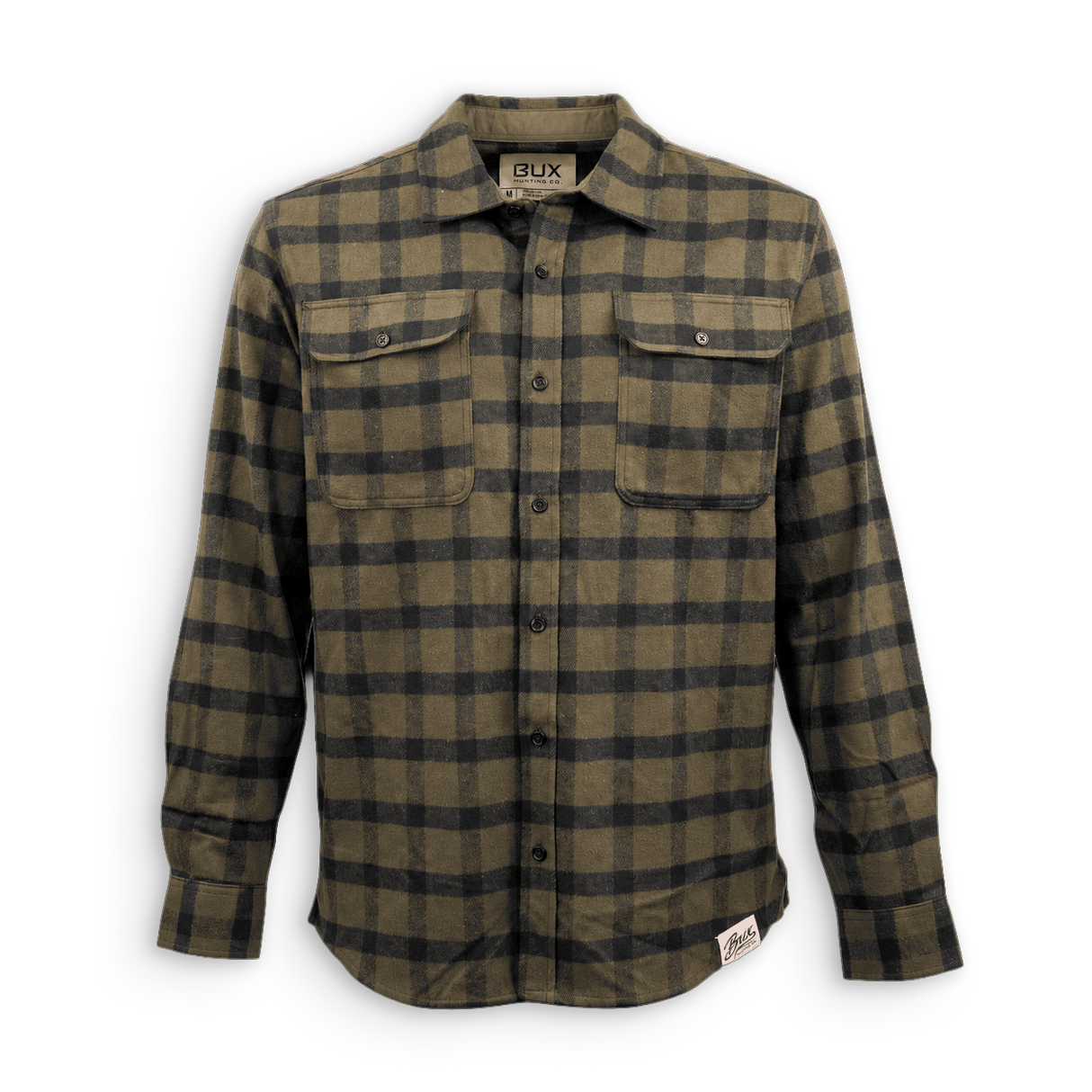 A long-sleeve button-up flannel shirt with a dark green and black buffalo plaid pattern, featuring two buttoned chest pockets and a collar label that reads 'BUX'.