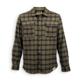 A long-sleeve button-up flannel shirt with a dark green and black buffalo plaid pattern, featuring two buttoned chest pockets and a collar label that reads 'BUX'.