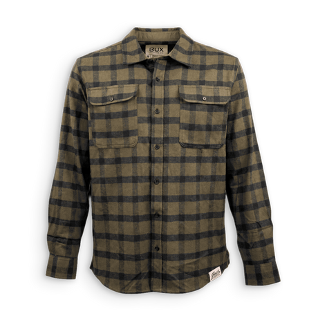 A long-sleeve button-up flannel shirt with a dark green and black buffalo plaid pattern, featuring two buttoned chest pockets and a collar label that reads 'BUX'.