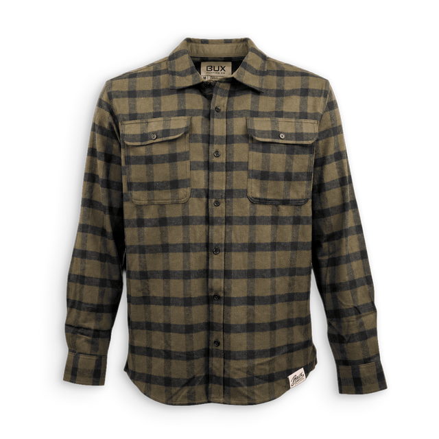 A long-sleeve button-up flannel shirt with a dark green and black buffalo plaid pattern, featuring two buttoned chest pockets and a collar label that reads 'BUX'.