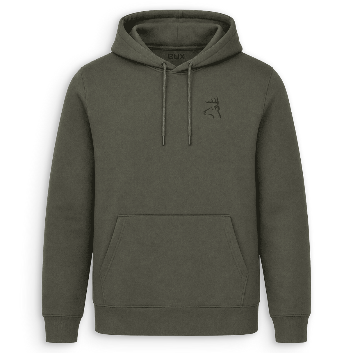 An olive green pullover hoodie with a drawstring hood, kangaroo pocket, and a small black embroidered bird logo on the left chest, shown against a plain white background.