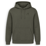 An olive green pullover hoodie with a drawstring hood, kangaroo pocket, and a small black embroidered bird logo on the left chest, shown against a plain white background.