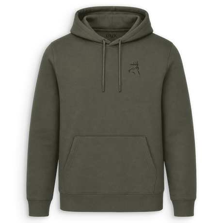 An olive green pullover hoodie with a drawstring hood, kangaroo pocket, and a small black embroidered bird logo on the left chest, shown against a plain white background.