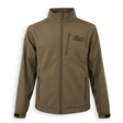 An olive green full-zip jacket with a stand-up collar, zippered chest pocket, and zippered hand pockets, featuring a black embroidered 'Brux Shooting' logo on the left chest, shown against a plain white background.