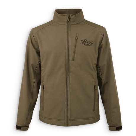 An olive green full-zip jacket with a stand-up collar, zippered chest pocket, and zippered hand pockets, featuring a black embroidered 'Brux Shooting' logo on the left chest, shown against a plain white background.