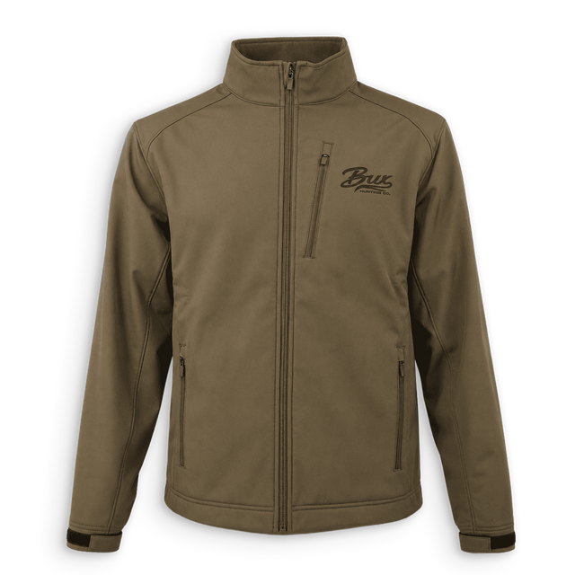 An olive green full-zip jacket with a stand-up collar, zippered chest pocket, and zippered hand pockets, featuring a black embroidered 'Brux Shooting' logo on the left chest, shown against a plain white background.