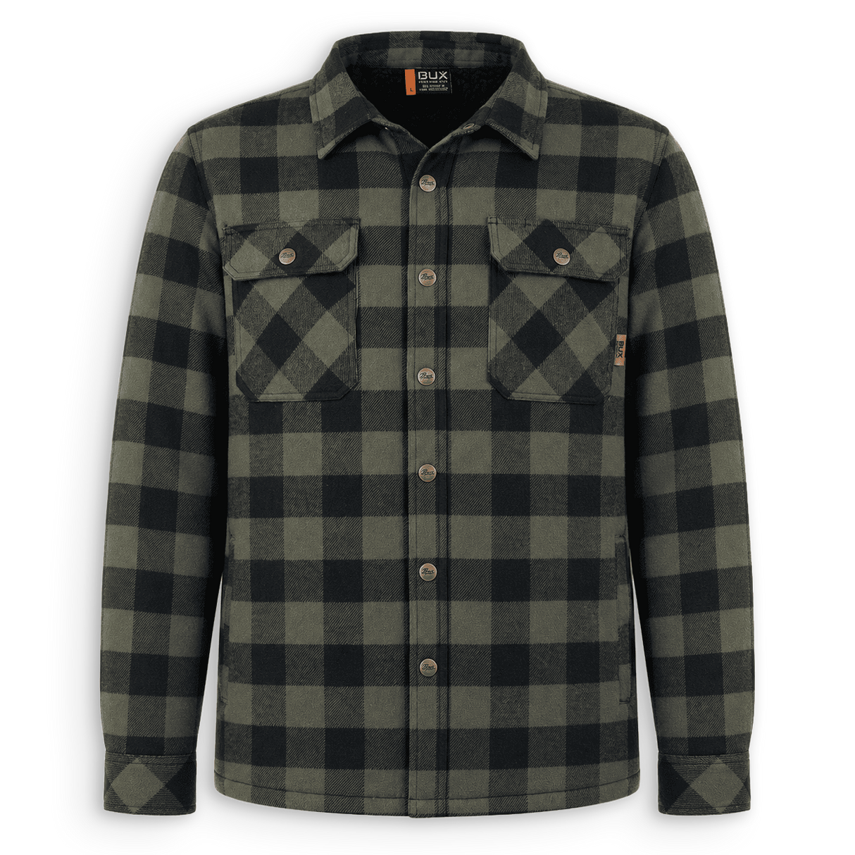 A long-sleeve button-up flannel shirt by Quik Clima, featuring a dark green and black buffalo plaid pattern. It has two buttoned chest pockets and a pointed collar, shown against a plain white background.