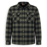 A long-sleeve button-up flannel shirt by Quik Clima, featuring a dark green and black buffalo plaid pattern. It has two buttoned chest pockets and a pointed collar, shown against a plain white background.