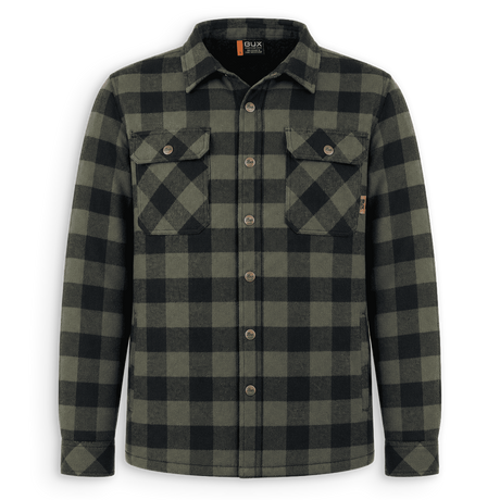 A long-sleeve button-up flannel shirt by Quik Clima, featuring a dark green and black buffalo plaid pattern. It has two buttoned chest pockets and a pointed collar, shown against a plain white background.