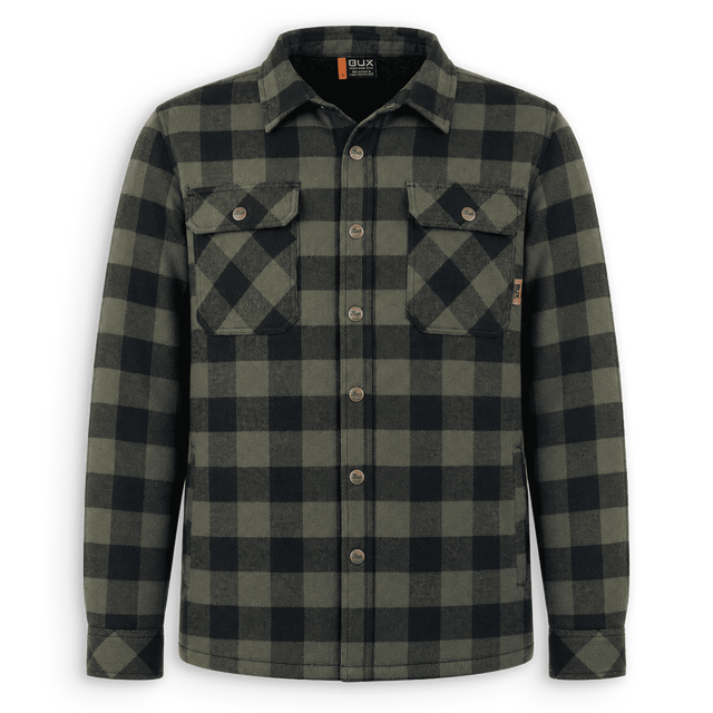 A long-sleeve button-up flannel shirt by Quik Clima, featuring a dark green and black buffalo plaid pattern. It has two buttoned chest pockets and a pointed collar, shown against a plain white background.
