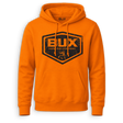 Bright orange pullover hoodie with a large distressed black and orange BUX Hunting Company shield logo on the chest, shown on a clean white background.