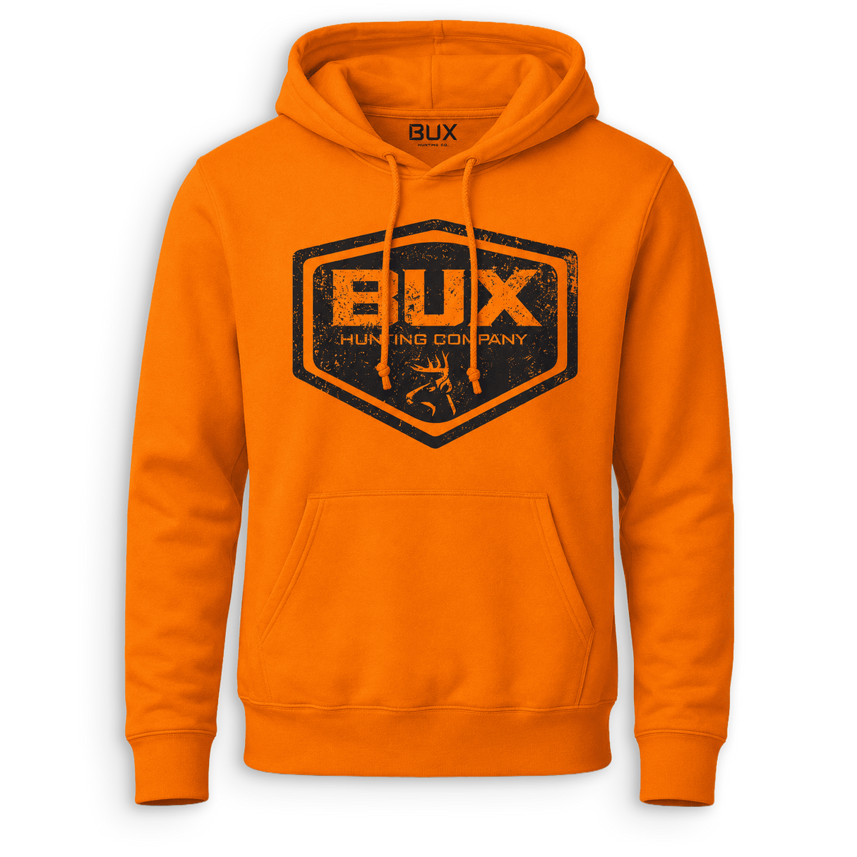 Bright orange pullover hoodie with a large distressed black and orange BUX Hunting Company shield logo on the chest, shown on a clean white background.