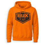 Bright orange pullover hoodie with a large distressed black and orange BUX Hunting Company shield logo on the chest, shown on a clean white background.