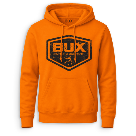 Bright orange pullover hoodie with a large distressed black and orange BUX Hunting Company shield logo on the chest, shown on a clean white background.