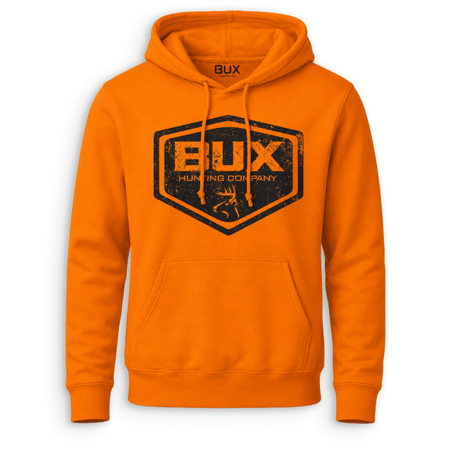 Bright orange pullover hoodie with a large distressed black and orange BUX Hunting Company shield logo on the chest, shown on a clean white background.