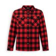 A red and black buffalo plaid long-sleeve button-up shirt by Oak, shown flat against a white background.