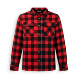 A red and black buffalo plaid long-sleeve button-up shirt by Oak, shown flat against a white background.