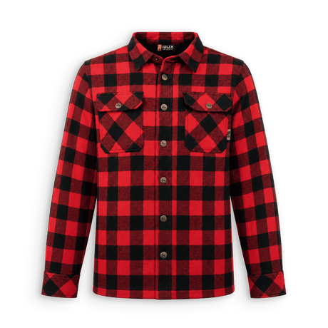 A red and black buffalo plaid long-sleeve button-up shirt by Oak, shown flat against a white background.