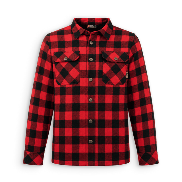 A red and black buffalo plaid long-sleeve button-up shirt by Oak, shown flat against a white background.