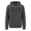 A dark gray heather pullover hoodie with a distressed black 'BUX HUNTING CO.' logo printed on the chest, shown against a plain white background.
