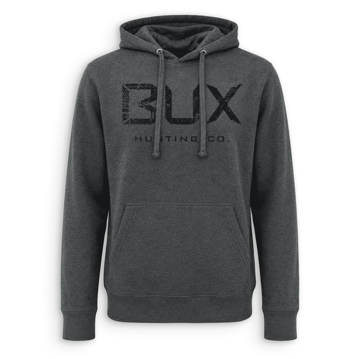 A dark gray heather pullover hoodie with a distressed black 'BUX HUNTING CO.' logo printed on the chest, shown against a plain white background.