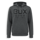 A dark gray heather pullover hoodie with a distressed black 'BUX HUNTING CO.' logo printed on the chest, shown against a plain white background.