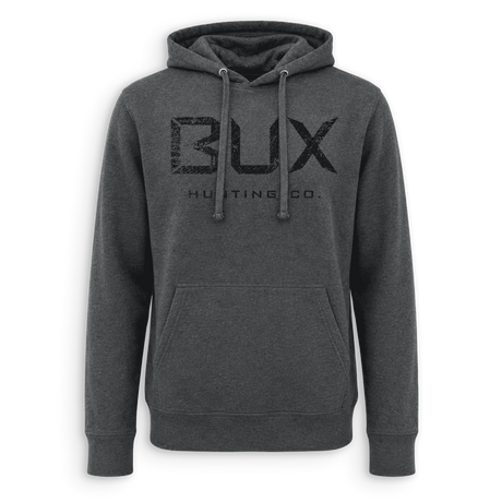 A dark gray heather pullover hoodie with a distressed black 'BUX HUNTING CO.' logo printed on the chest, shown against a plain white background.