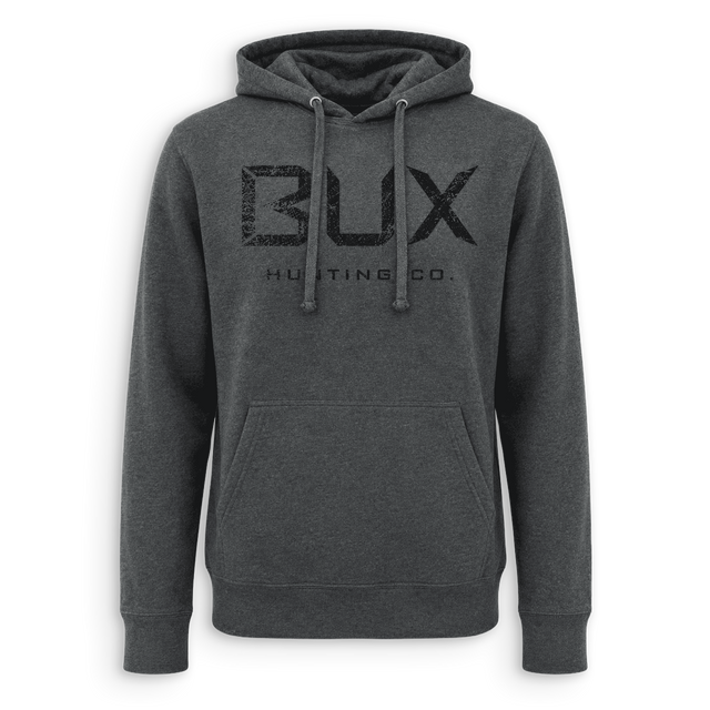 A dark gray heather pullover hoodie with a distressed black 'BUX HUNTING CO.' logo printed on the chest, shown against a plain white background.