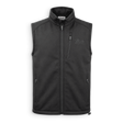 A black sleeveless zip-up vest with a stand-up collar, featuring a vertical zippered chest pocket and two zippered hand pockets, shown against a plain white background.