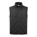 A black sleeveless zip-up vest with a stand-up collar, featuring a vertical zippered chest pocket and two zippered hand pockets, shown against a plain white background.