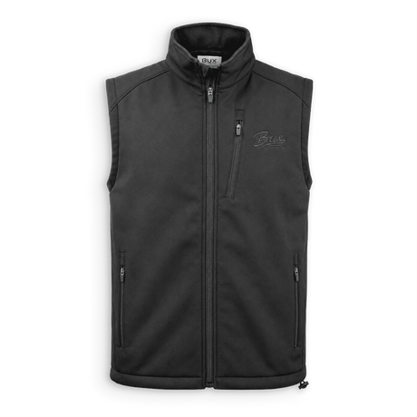 A black sleeveless zip-up vest with a stand-up collar, featuring a vertical zippered chest pocket and two zippered hand pockets, shown against a plain white background.