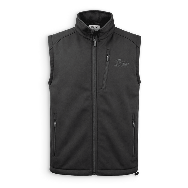 A black sleeveless zip-up vest with a stand-up collar, featuring a vertical zippered chest pocket and two zippered hand pockets, shown against a plain white background.