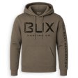 An olive brown pullover hoodie with a distressed black 'BUX HUNTING CO.' logo on the chest and 'THE NEXT GENERATION' printed vertically on the right sleeve, shown against a plain white background.