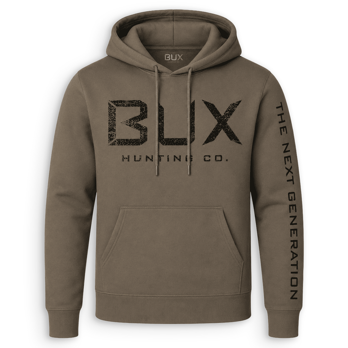 An olive brown pullover hoodie with a distressed black 'BUX HUNTING CO.' logo on the chest and 'THE NEXT GENERATION' printed vertically on the right sleeve, shown against a plain white background.