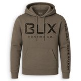 An olive brown pullover hoodie with a distressed black 'BUX HUNTING CO.' logo on the chest and 'THE NEXT GENERATION' printed vertically on the right sleeve, shown against a plain white background.