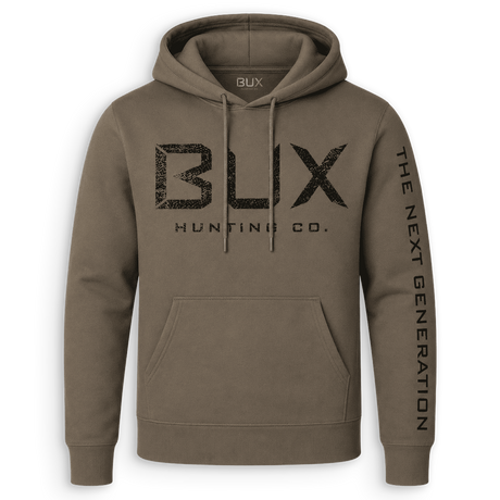 An olive brown pullover hoodie with a distressed black 'BUX HUNTING CO.' logo on the chest and 'THE NEXT GENERATION' printed vertically on the right sleeve, shown against a plain white background.