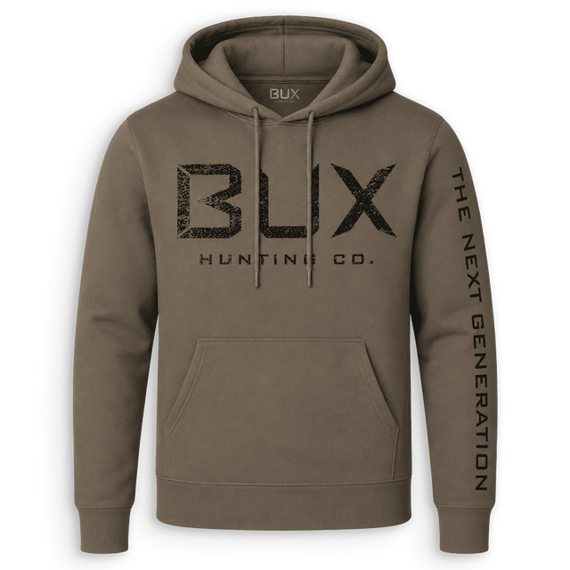 An olive brown pullover hoodie with a distressed black 'BUX HUNTING CO.' logo on the chest and 'THE NEXT GENERATION' printed vertically on the right sleeve, shown against a plain white background.