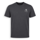 A dark charcoal gray short-sleeve crewneck t-shirt with a small white embroidered deer head logo on the left chest, displayed on a clean white background.