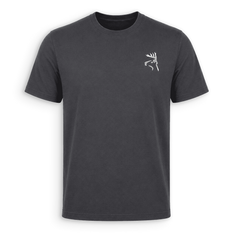 A dark charcoal gray short-sleeve crewneck t-shirt with a small white embroidered deer head logo on the left chest, displayed on a clean white background.