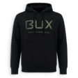 A black pullover hoodie with a distressed green 'BUX HUNTING CO.' logo printed on the chest, shown against a plain white background.