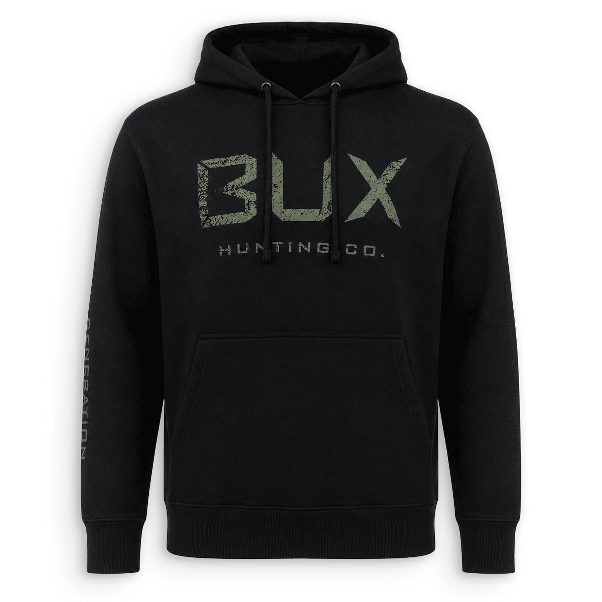 A black pullover hoodie with a distressed green 'BUX HUNTING CO.' logo printed on the chest, shown against a plain white background.
