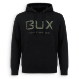 A black pullover hoodie with a distressed green 'BUX HUNTING CO.' logo printed on the chest, shown against a plain white background.