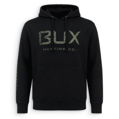 A black pullover hoodie with a distressed green 'BUX HUNTING CO.' logo printed on the chest, shown against a plain white background.
